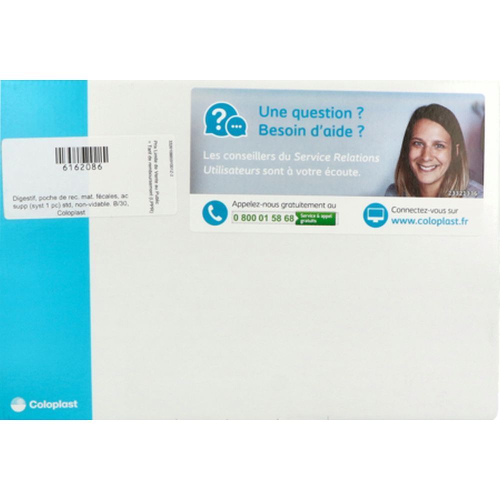 Emballage blanc avec autocollants. Autocollants avec code-barres et texte. Logo Coloplast. Autocollant avec informations de contact et femme.