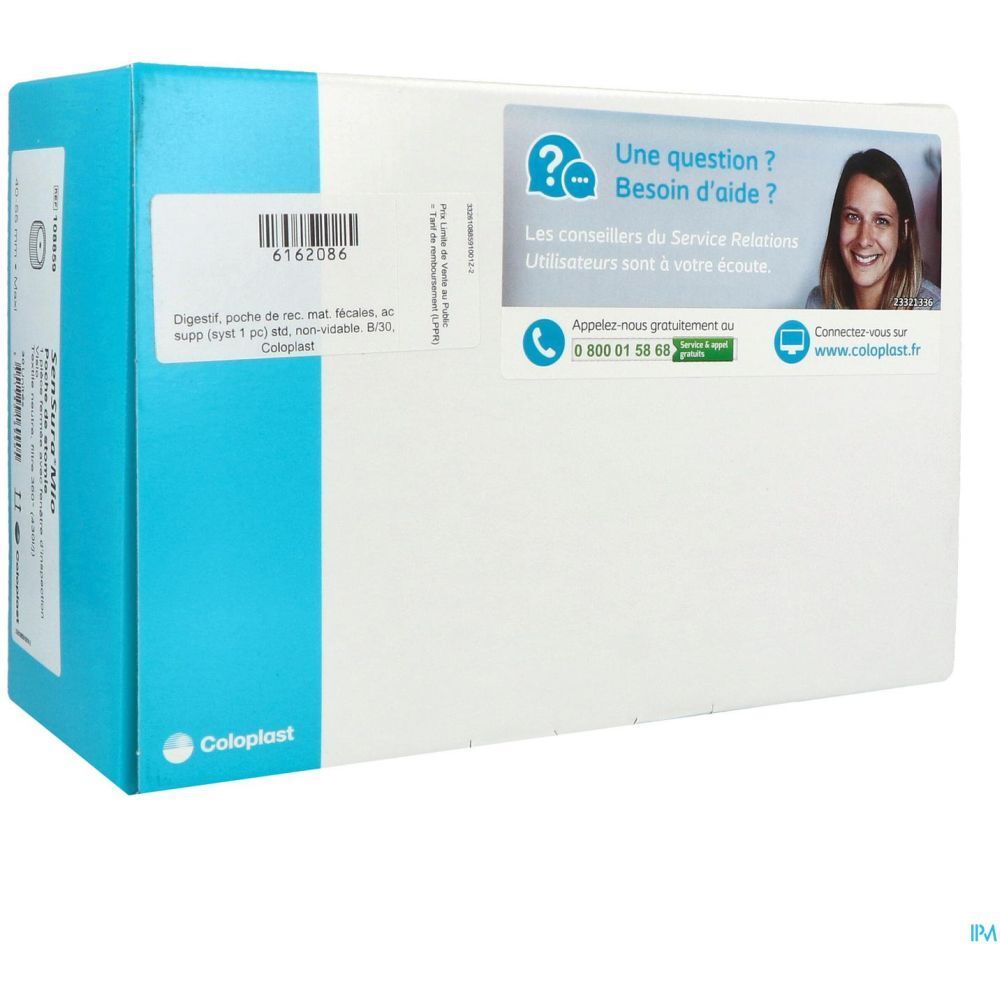 Emballage blanc avec autocollants. Autocollants avec code-barres et texte. Logo Coloplast. Autocollant avec informations de contact et femme.