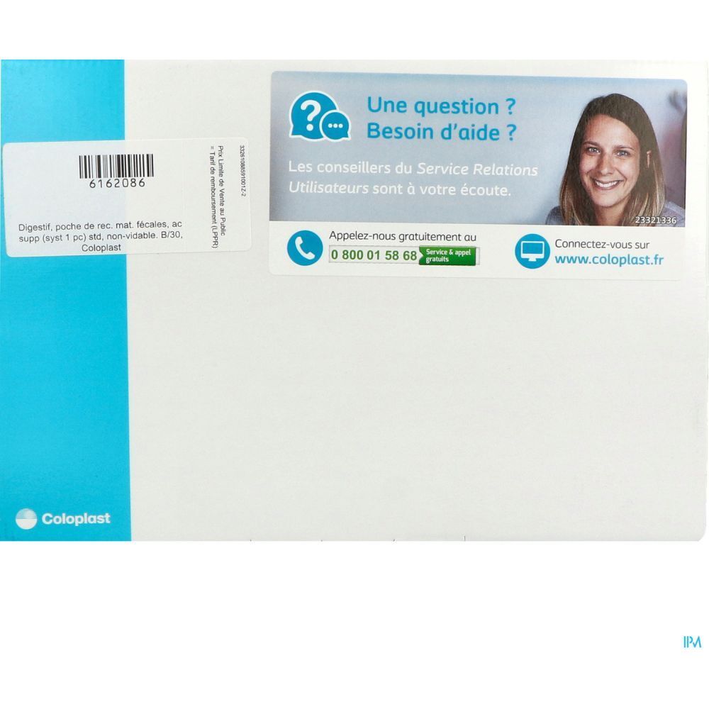 Emballage blanc avec autocollants. Autocollants avec code-barres et texte. Logo Coloplast. Autocollant avec informations de contact et femme.