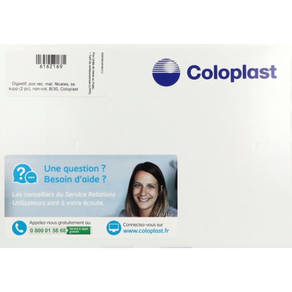 Emballage blanc Coloplast. Autocollants avec informations de contact et photo d'une femme. Texte: Une question ? Besoin d'aide ?
