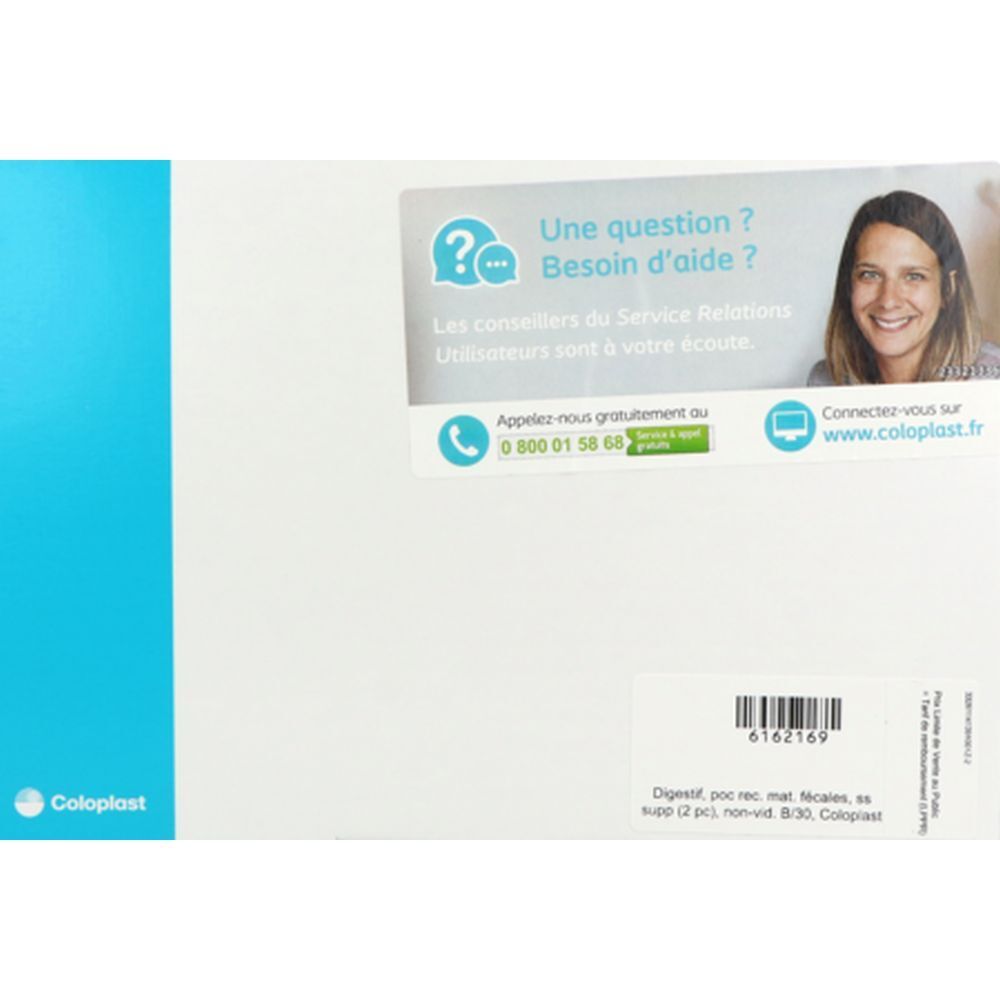 Emballage blanc et bleu Coloplast. Autocollant avec informations de contact et code-barres.