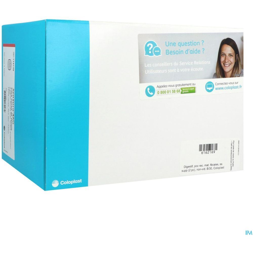 Emballage blanc et bleu Coloplast. Autocollant avec informations de contact et code-barres.