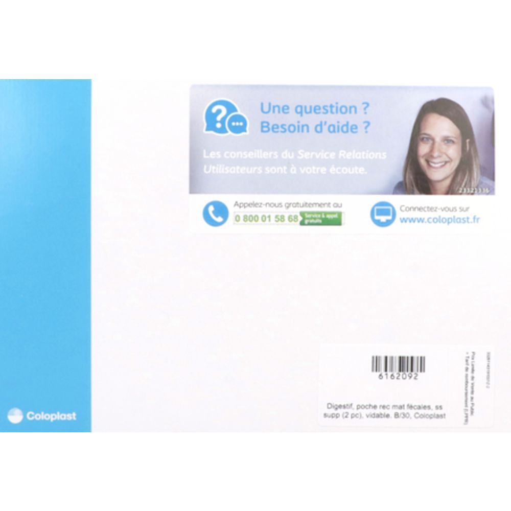 Emballage avec informations produit et contact. Marque Coloplast. Texte en français.