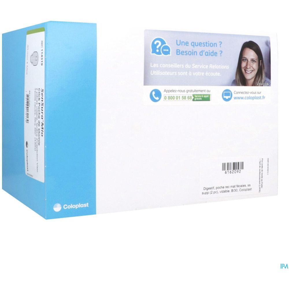 Emballage produit bleu et blanc. Marque Coloplast. Inscription avec nom du produit et coordonnées.