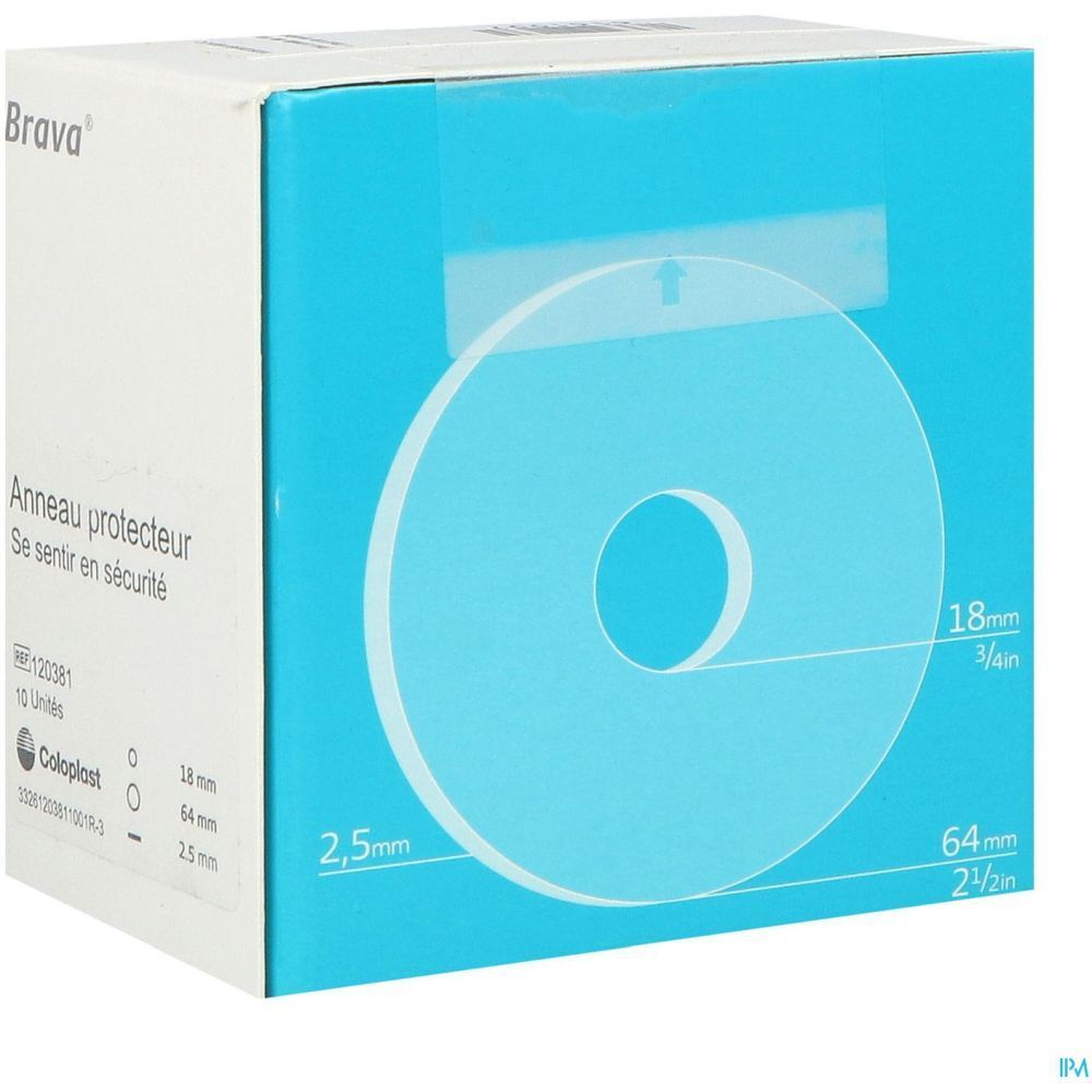 Boîte de produit avec anneau protecteur. Marque Brava. Anneau de 18 mm à 64 mm de diamètre et 2,5 mm d'épaisseur.