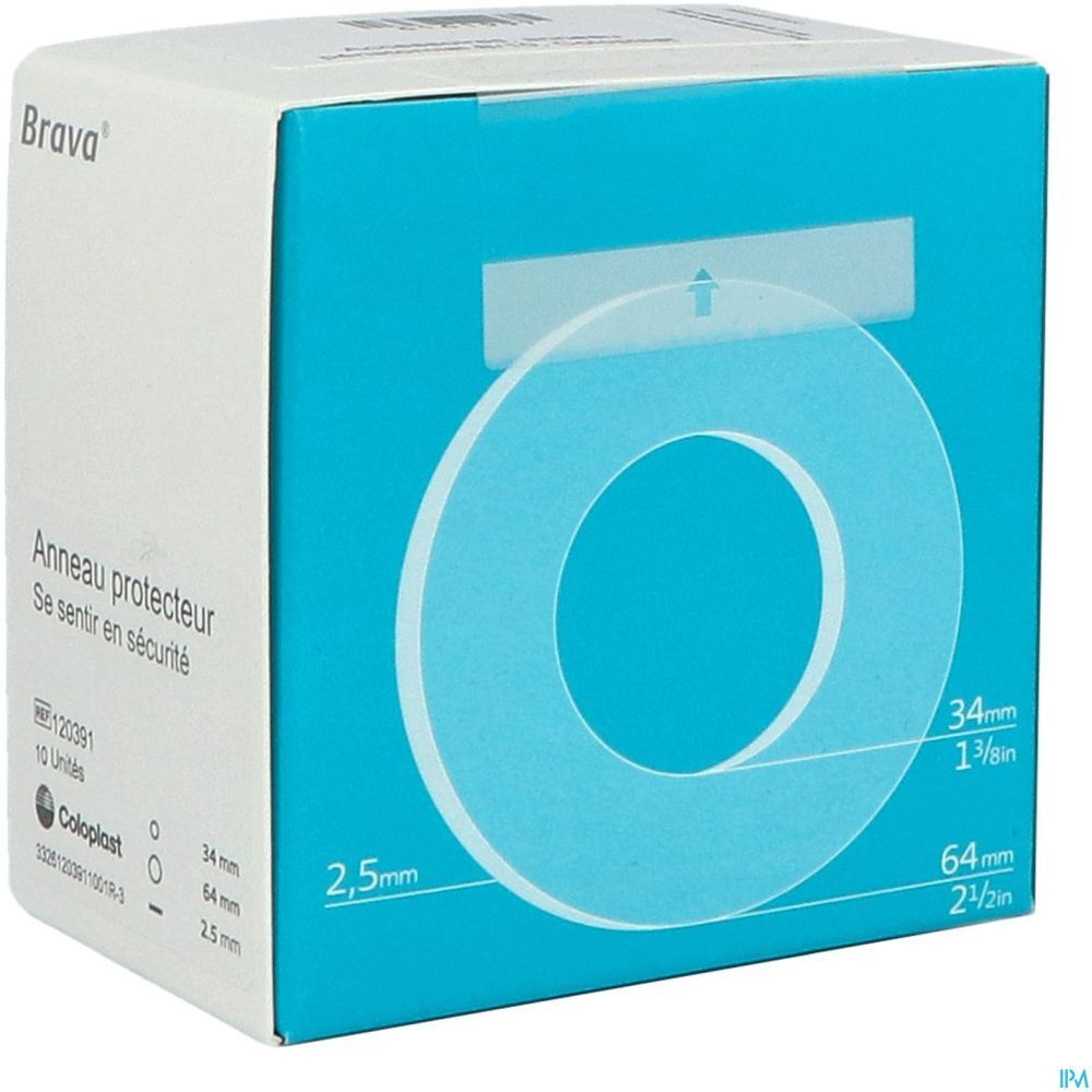 Emballage d'anneaux protecteurs. Inscriptions : marque 'Brava', nom du produit, indications de taille 34 mm, 64 mm et 2,5 mm.