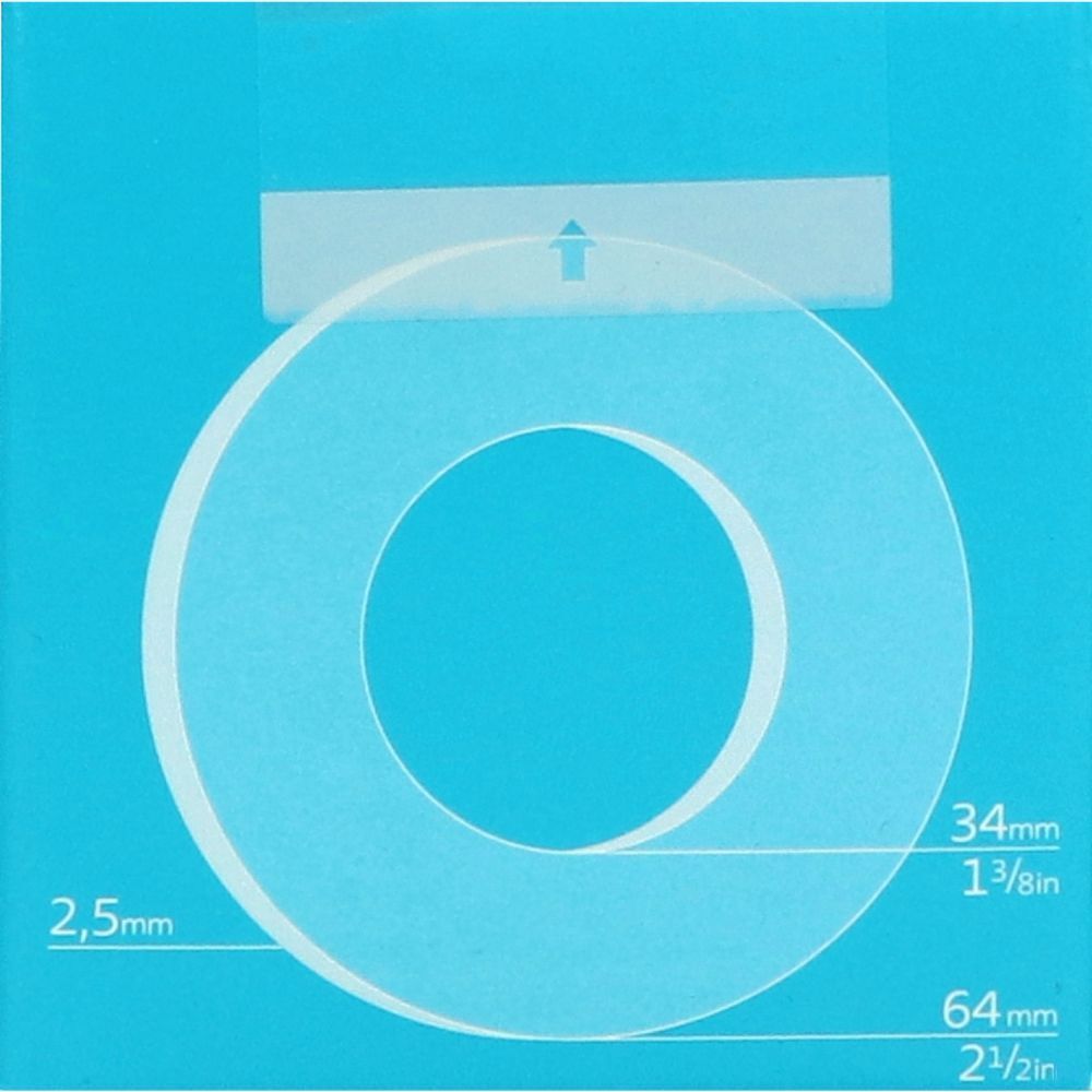 Anneau protecteur cutané transparent, avec indications de taille : 34 mm, 64 mm et 2,5 mm. Sur fond bleu.