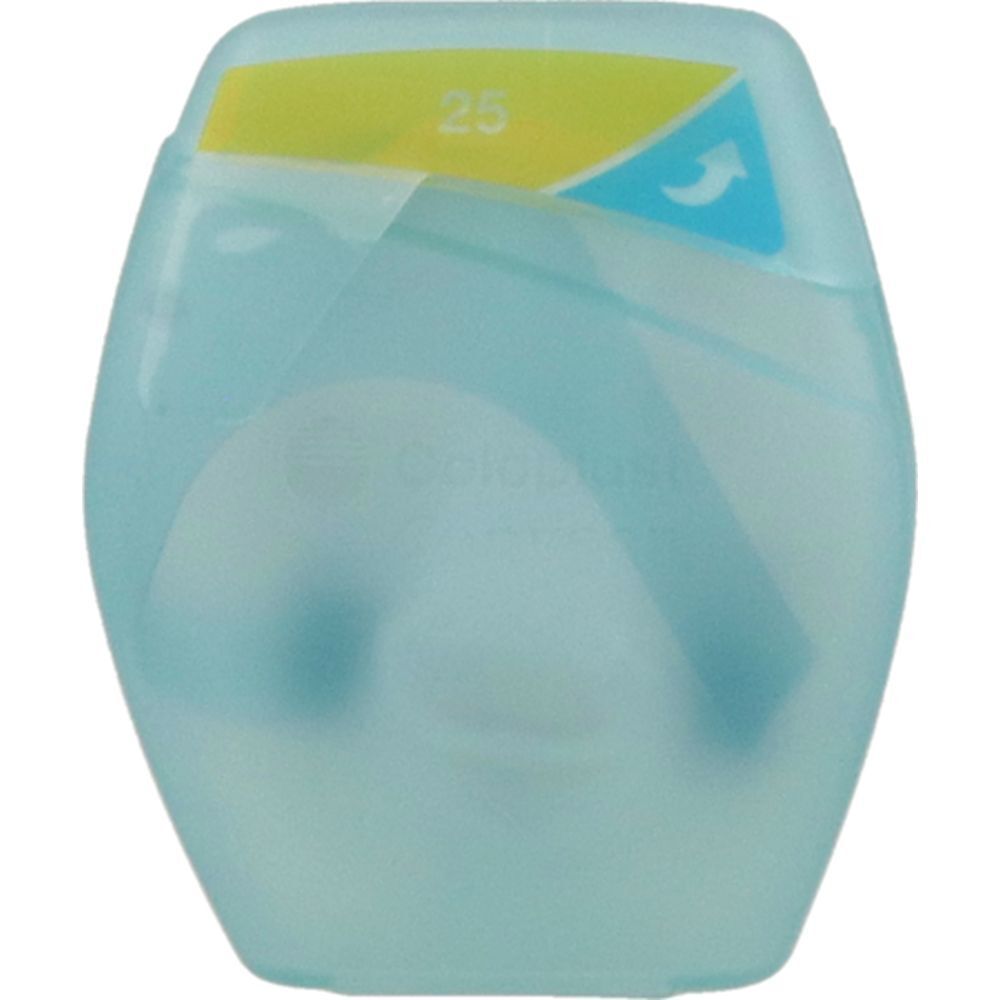 Emballage ovale bleu clair. Inscription 25. Symbole flèche. Contient un produit. Marque inconnue.