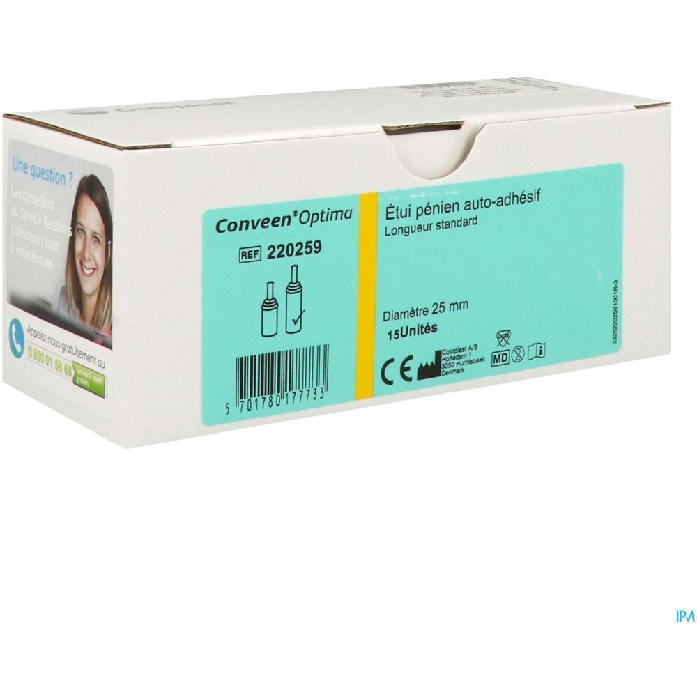 Emballage produit. Conveen Optima, Etui pénien auto-adhésif, 25 mm, 15 unités. REF 220259. Marquage CE.