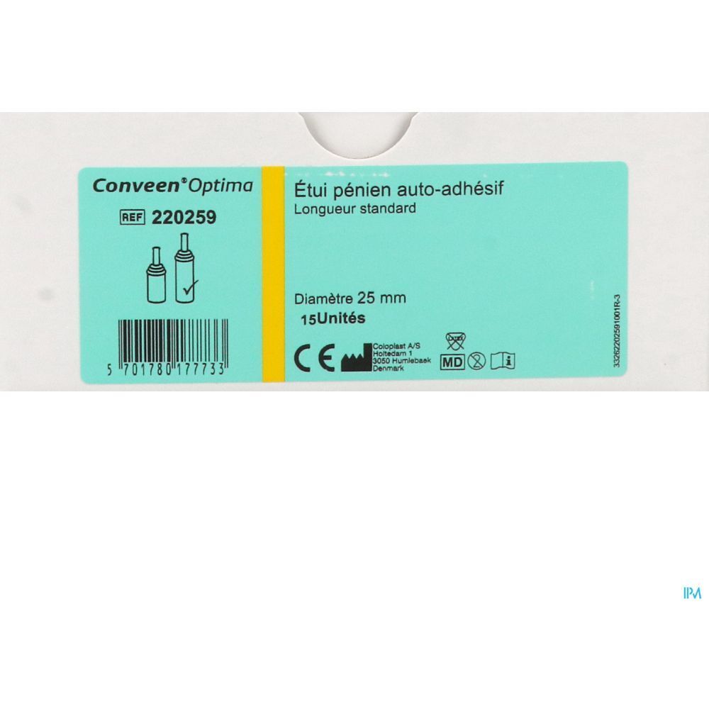 Etui pénien auto-adhésif, diamètre 25 mm, 15 unités. Marque Conveen Optima. Référence 220259, marquage CE.