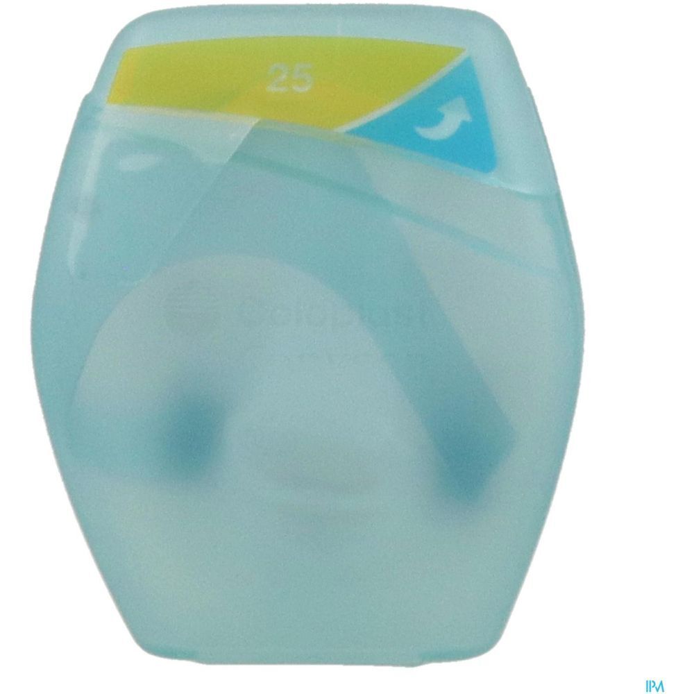 Emballage ovale bleu clair. Inscription 25. Symbole flèche. Contient un produit. Marque inconnue.