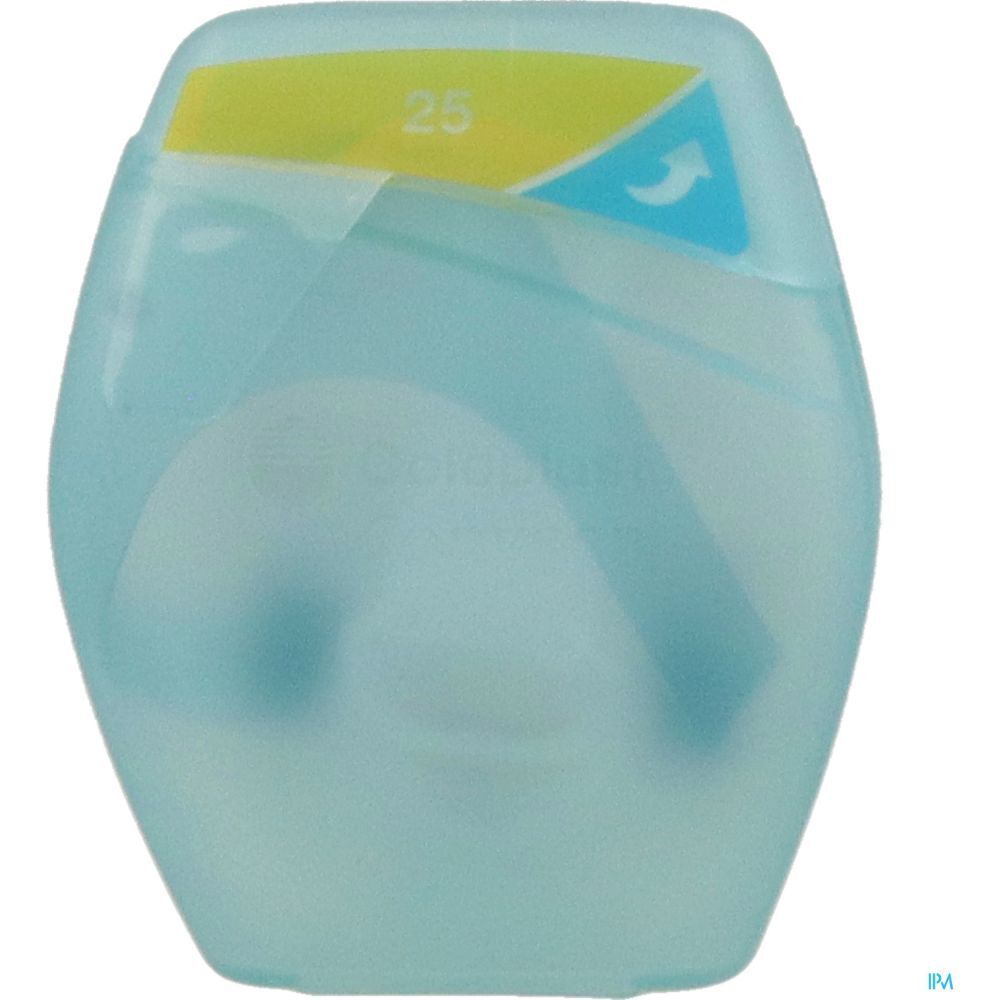 Emballage ovale bleu clair. Inscription 25. Symbole flèche. Contient un produit. Marque inconnue.