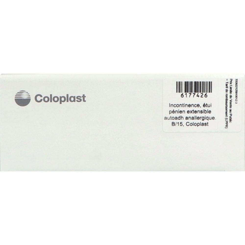 Boîte blanche Coloplast. Étiquette avec code-barres et texte : Incontinence, étui pénien extensible auto-adhésif anallergique.