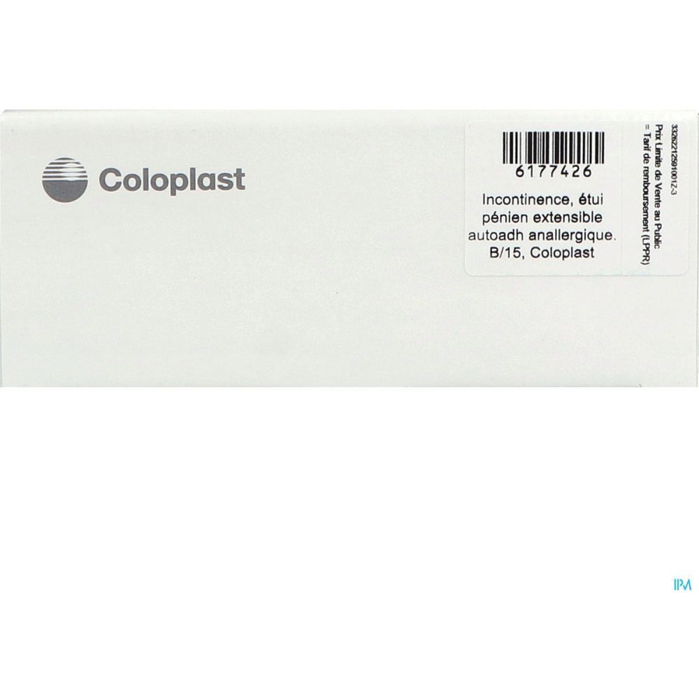 Boîte blanche Coloplast. Étiquette avec code-barres et texte : Incontinence, étui pénien extensible auto-adhésif anallergique.
