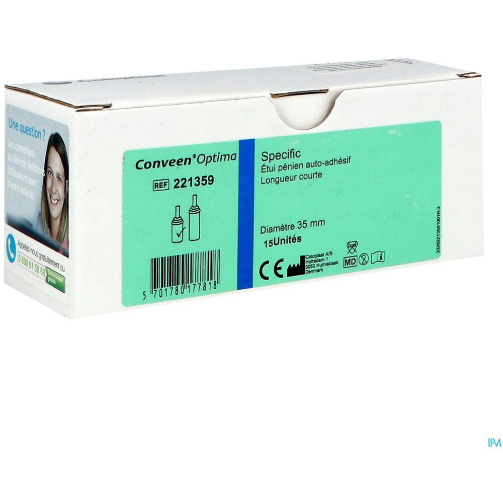 Boîte blanche avec informations produit. Marque CONVEEN Optima. Diamètre 35 mm, 15 unités. Marquage CE.