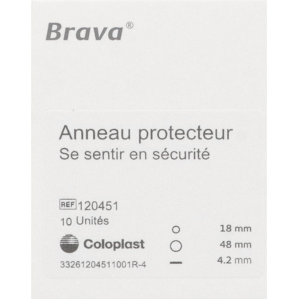 Produit Brava. Texte: Anneau protecteur, Se sentir en sécurité. Tailles: 18 mm, 48 mm, 4.2 mm. Logo Coloplast. 10 unités.