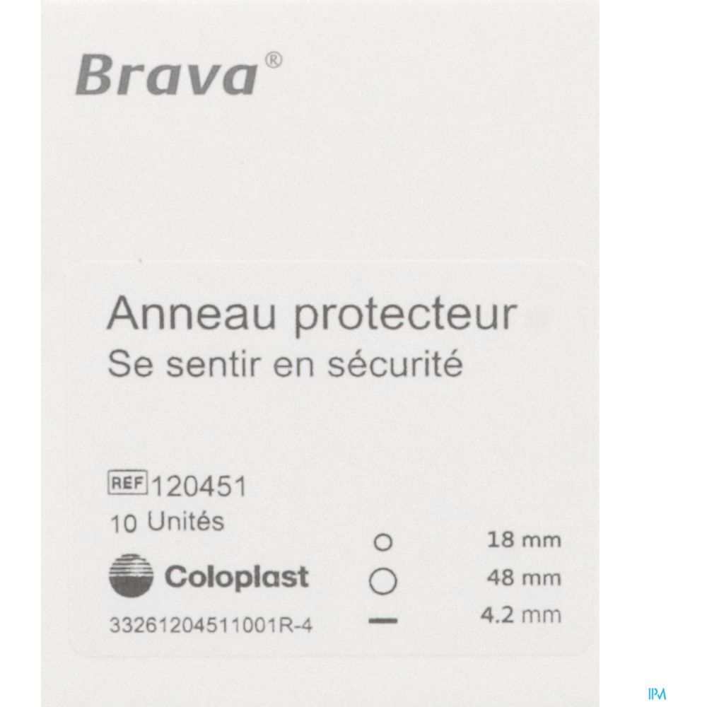 Produit Brava. Texte: Anneau protecteur, Se sentir en sécurité. Tailles: 18 mm, 48 mm, 4.2 mm. Logo Coloplast. 10 unités.