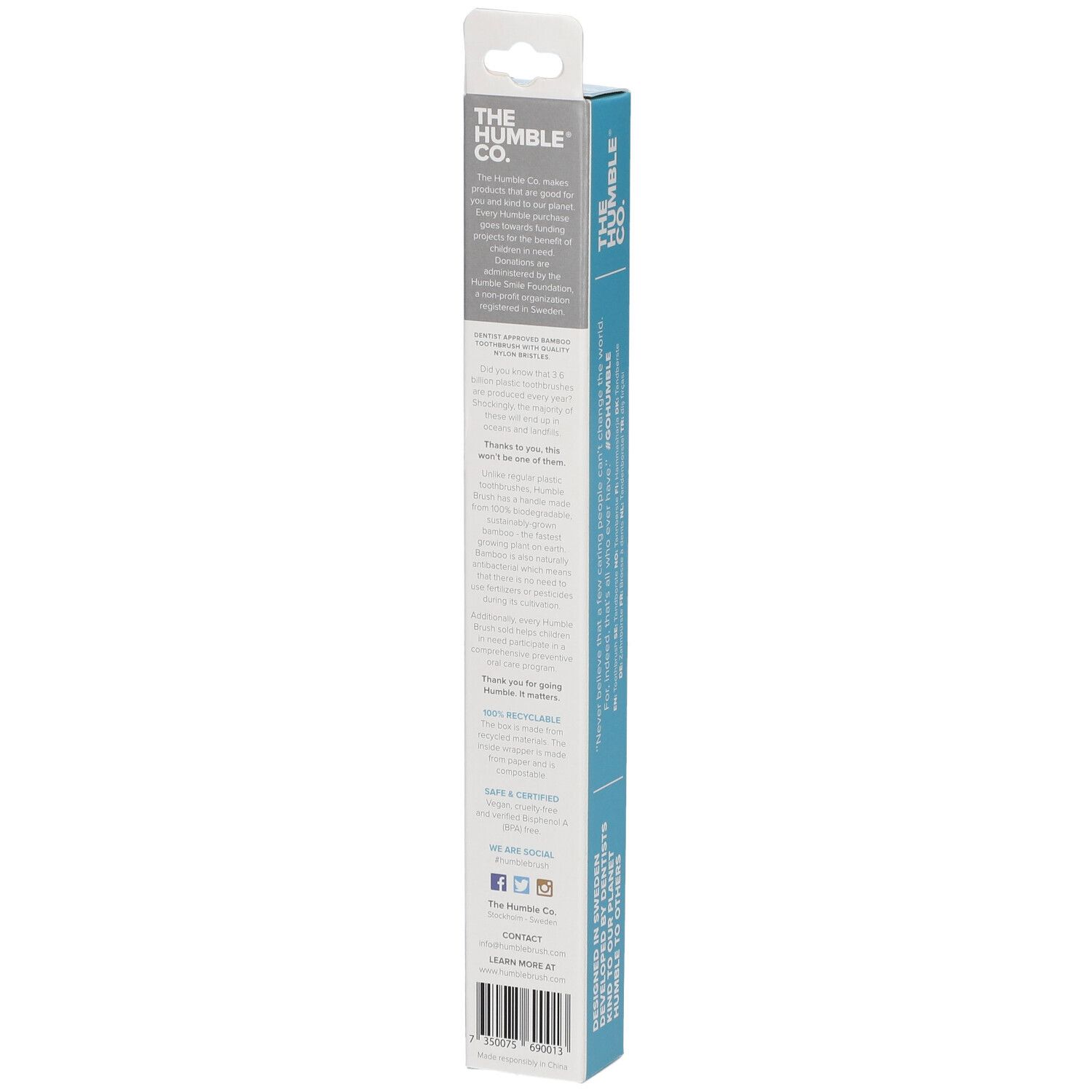 Dos de l'emballage de la brosse à dents. Texte et logos. Code-barres.