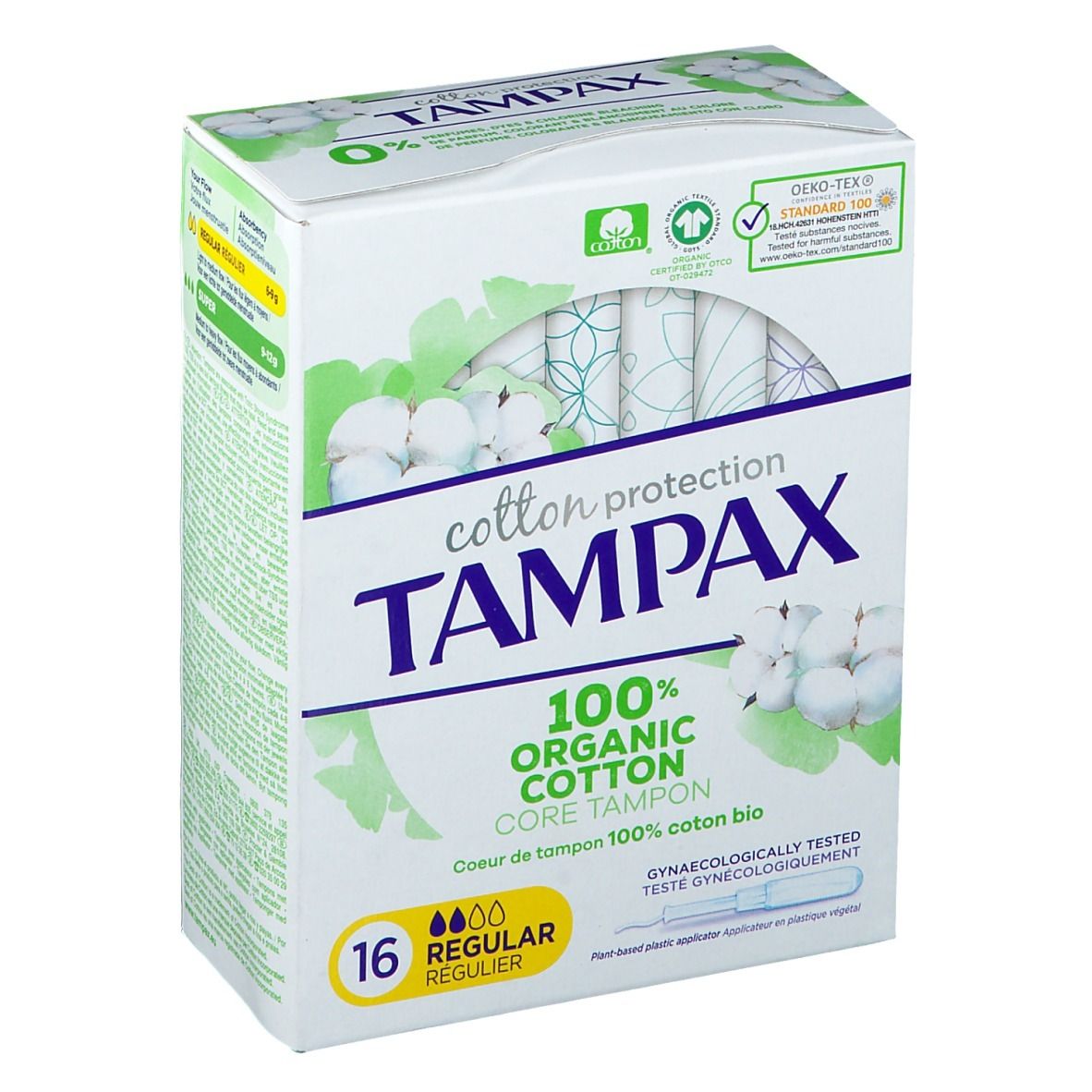 Boîte de tampons TAMPAX Régulier, 16 unités. 100% coton bio. Avec applicateur. Testé gynécologiquement.