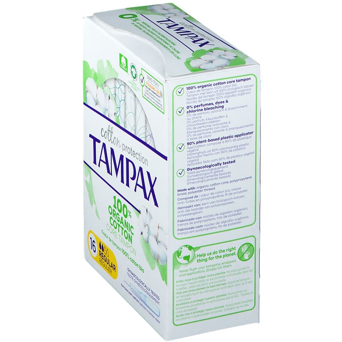 Boîte de tampons TAMPAX. 100% coton bio. 16 unités. Avec applicateur. Testé gynécologiquement. Vue latérale.