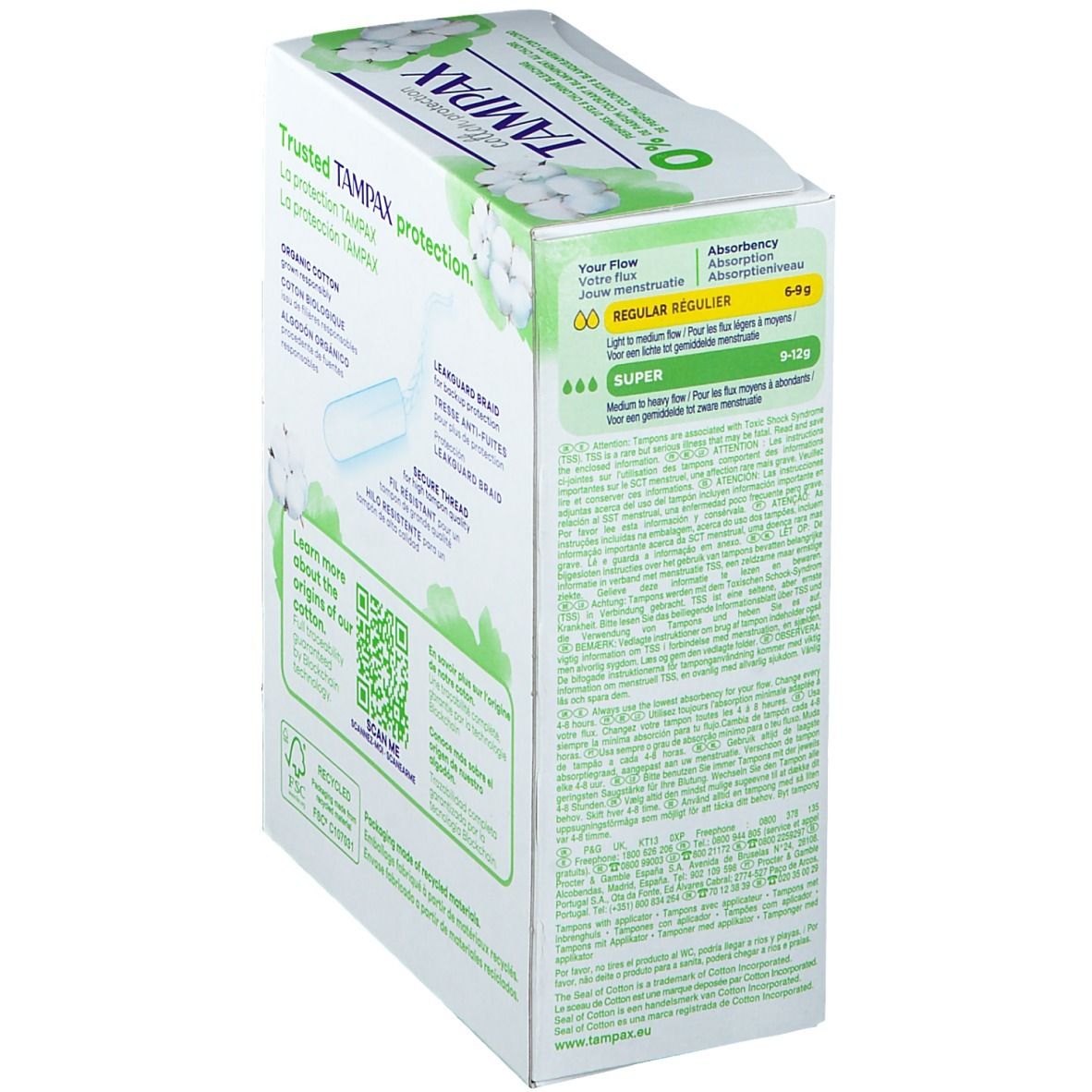 Dos de la boîte de tampons TAMPAX. Informations sur les ingrédients et le développement durable. Code QR.