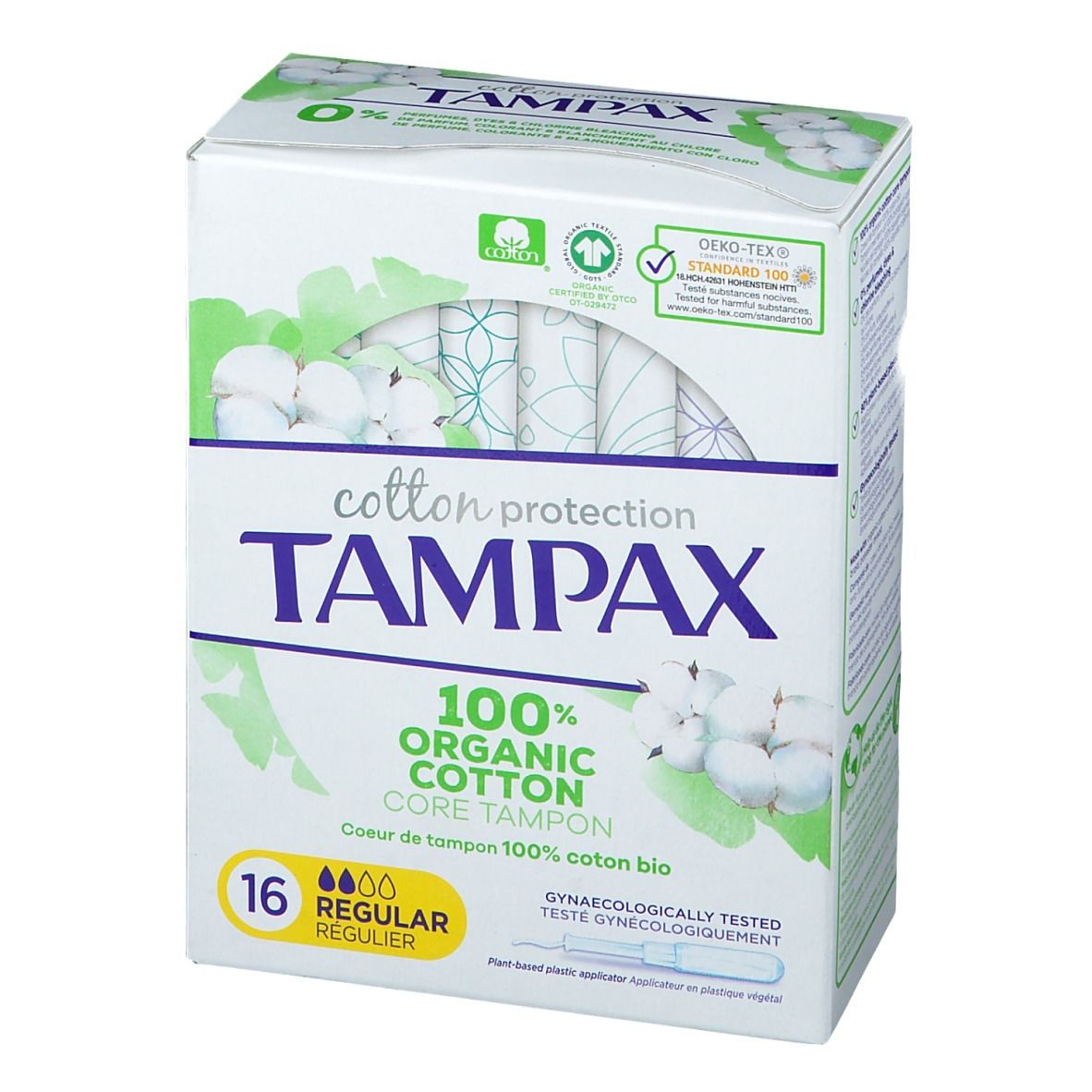 Boîte de tampons TAMPAX Régulier, 16 unités. 100% coton bio. Avec applicateur. Testé gynécologiquement.