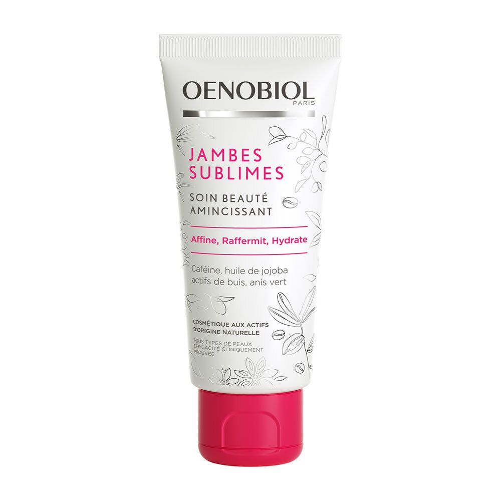 Tube de crème OENOBIOL Jambes Sublimes. Inscription : Soin beauté amincissant. Bouchon rose. Contient de la caféine.
