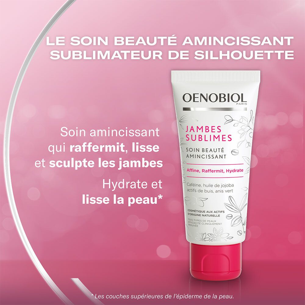 Tube OENOBIOL Jambes Sublimes sur fond rose. Inscription : Soin beauté amincissant. Promesses : raffermit, lisse, hydrate.