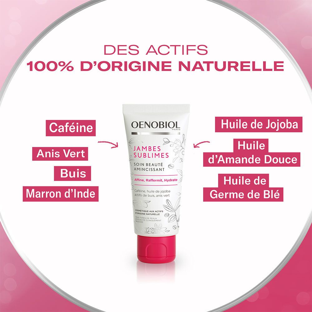 Tube OENOBIOL Jambes Sublimes entouré d'illustrations d'ingrédients. Texte : « 100% d'origine naturelle ».