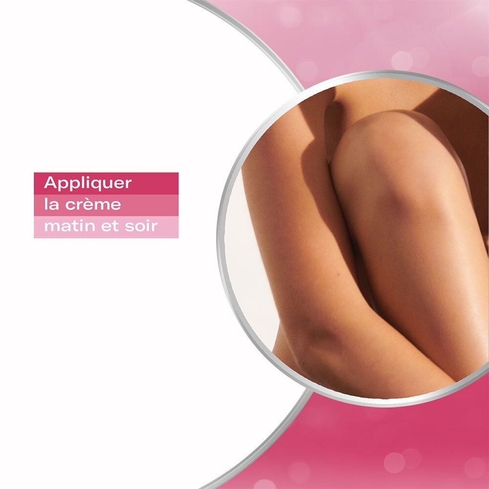 Gros plan sur des jambes. Texte : « Appliquer la crème matin et soir ».