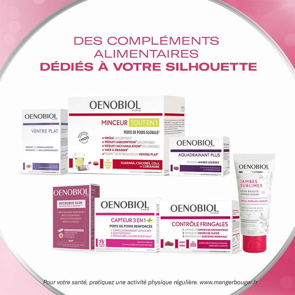Divers produits OENOBIOL, dont Jambes Sublimes. Texte : « Compléments alimentaires dédiés à votre silhouette ».