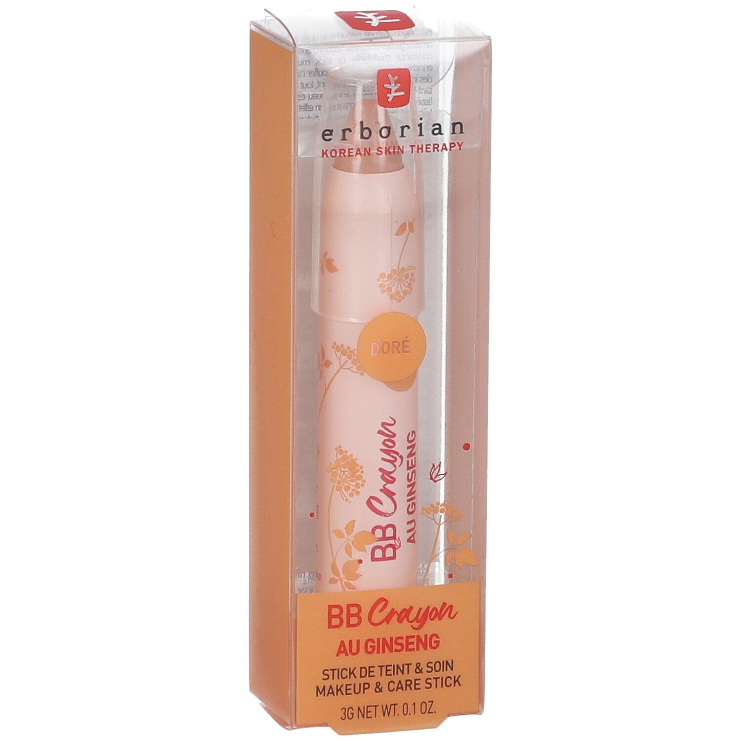 BB Crayon au Ginseng dans son emballage. Crayon rose dans un étui transparent. Inscription: erborian, BB Crayon, AU GINSENG.