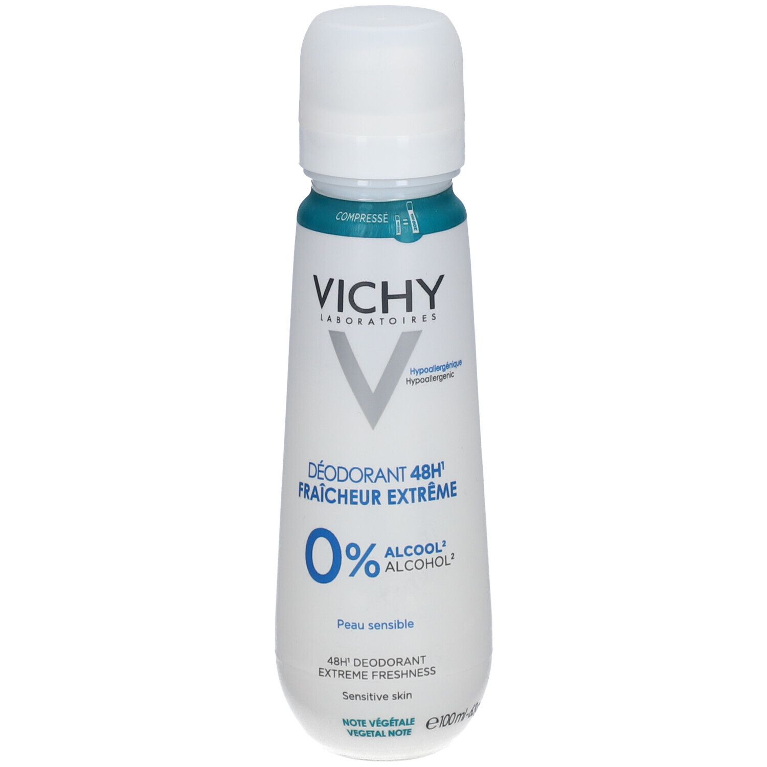 Flacon de déodorant. Bouchon blanc, anneau bleu, contenant blanc avec texte. Marque : Vichy.