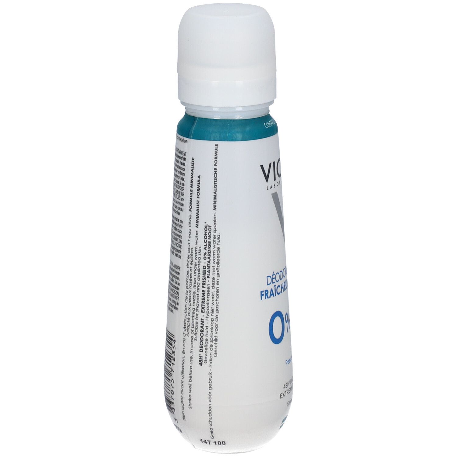 Flacon de déodorant. Dos avec texte. Marque : Vichy. Contient informations et avertissements.