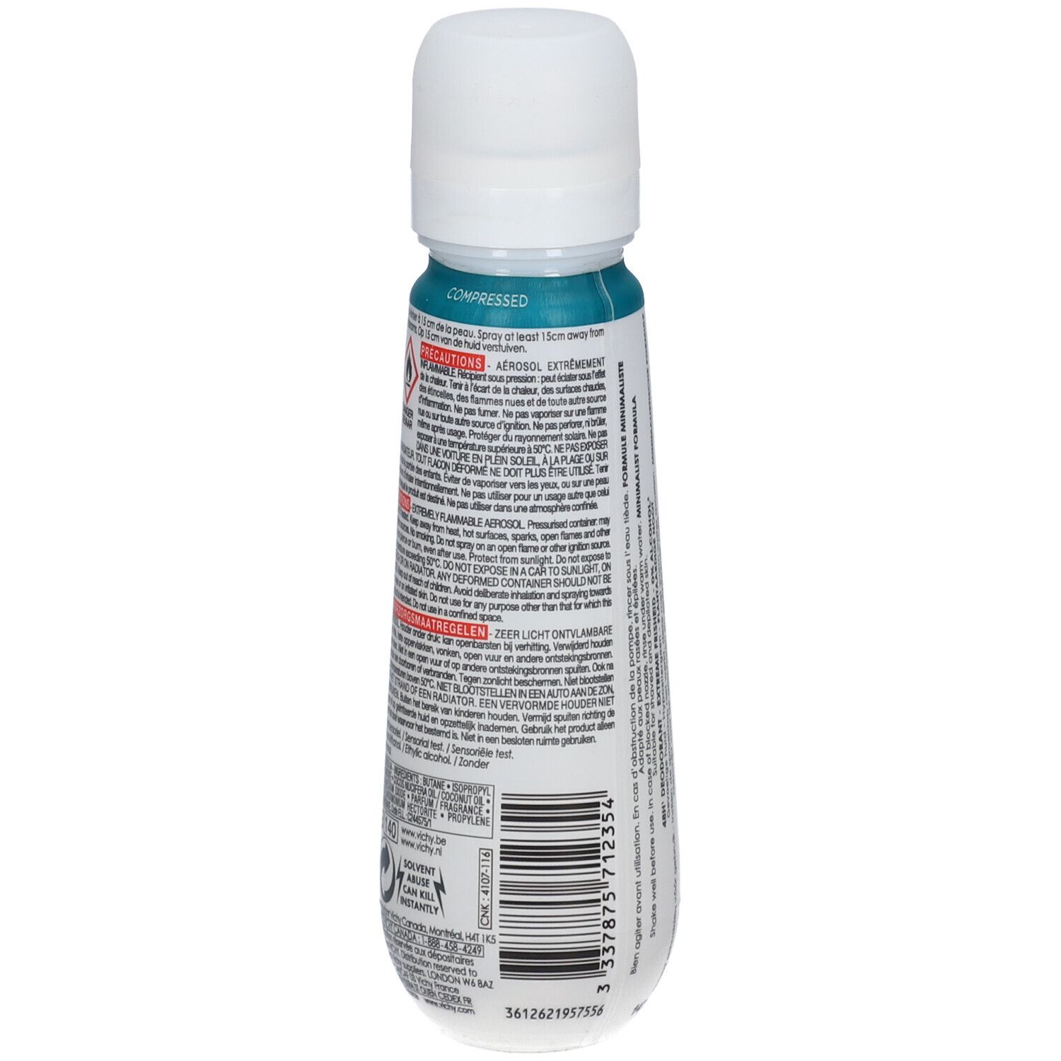 Flacon de déodorant. Dos avec texte et avertissements. Marque : Vichy. Contient des informations.