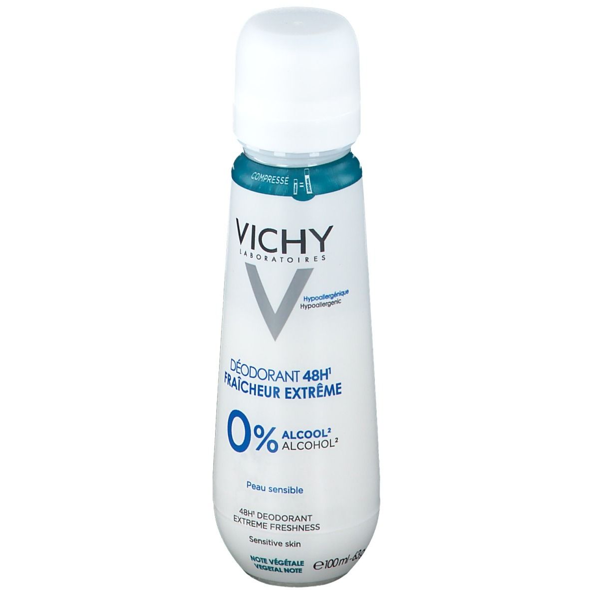 Flacon de déodorant. Bouchon blanc, anneau bleu, contenant blanc avec texte. Marque : Vichy.