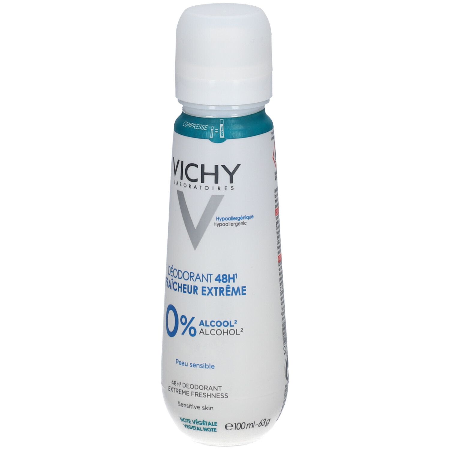 Flacon de déodorant. Bouchon blanc, anneau bleu, contenant blanc avec texte. Marque : Vichy.