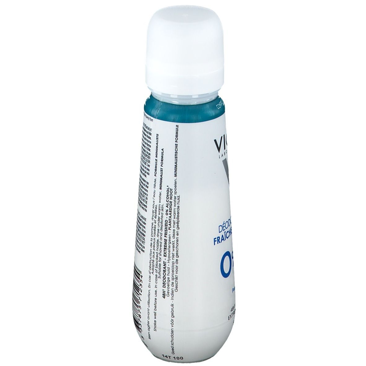 Flacon de déodorant. Dos avec texte. Marque : Vichy. Contient informations et avertissements.