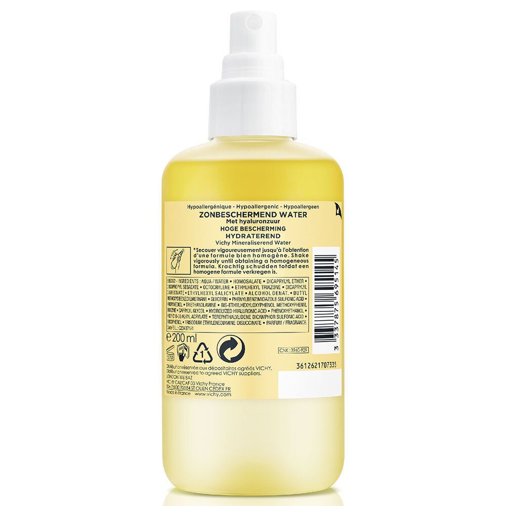 Dos du flacon Vichy Capital Soleil. Informations produit, ingrédients et code-barres sur étiquette jaune.
