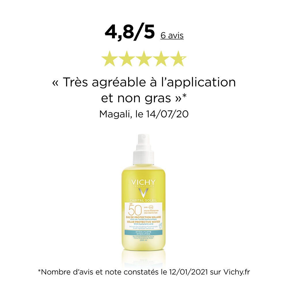 Vichy Capital Soleil SPF 50. Produit avec avis et citation. Flacon jaune avec vaporisateur.