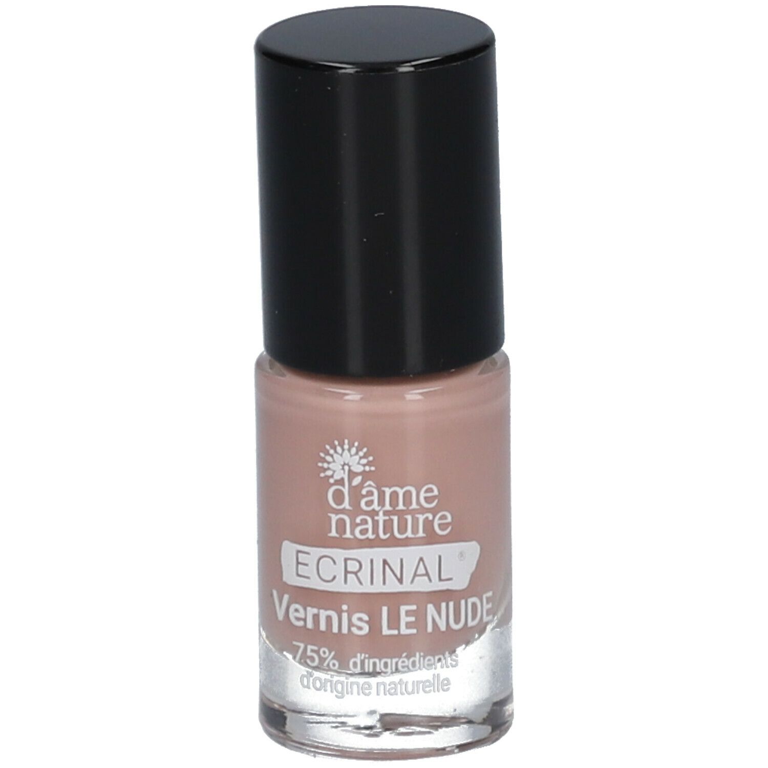 Flacon de vernis à ongles avec bouchon noir. Inscription : d'ame nature, ECRINAL, Vernis LE NUDE. 75% d'ingrédients d'origine naturelle.