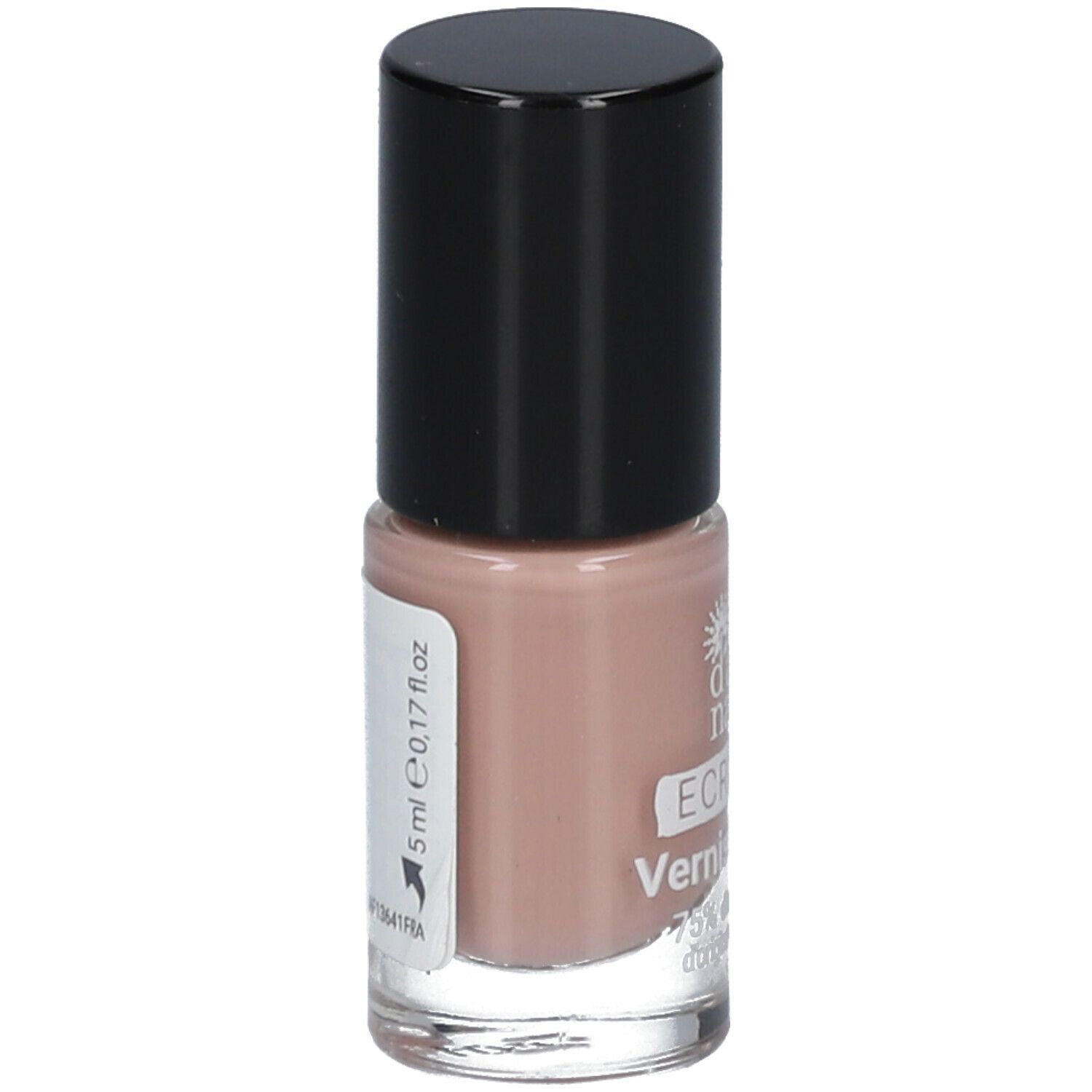 Flacon de vernis à ongles avec bouchon noir. Inscription : d'ame nature, ECRINAL, Vernis LE NUDE. 5 ml, 0.17 fl.oz.