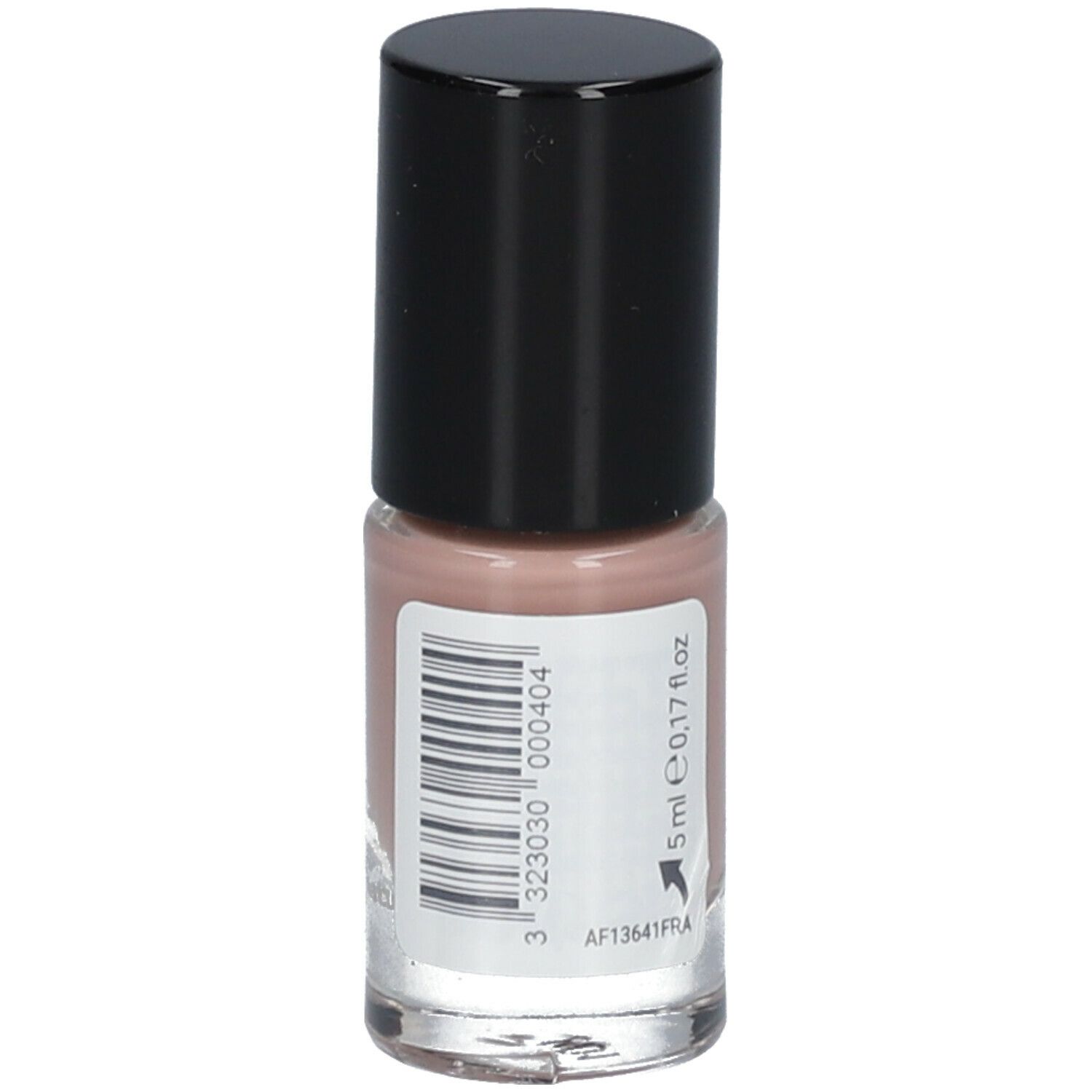 Flacon de vernis à ongles avec bouchon noir. Étiquette avec code-barres et indications : 5 ml, 0.17 fl.oz.