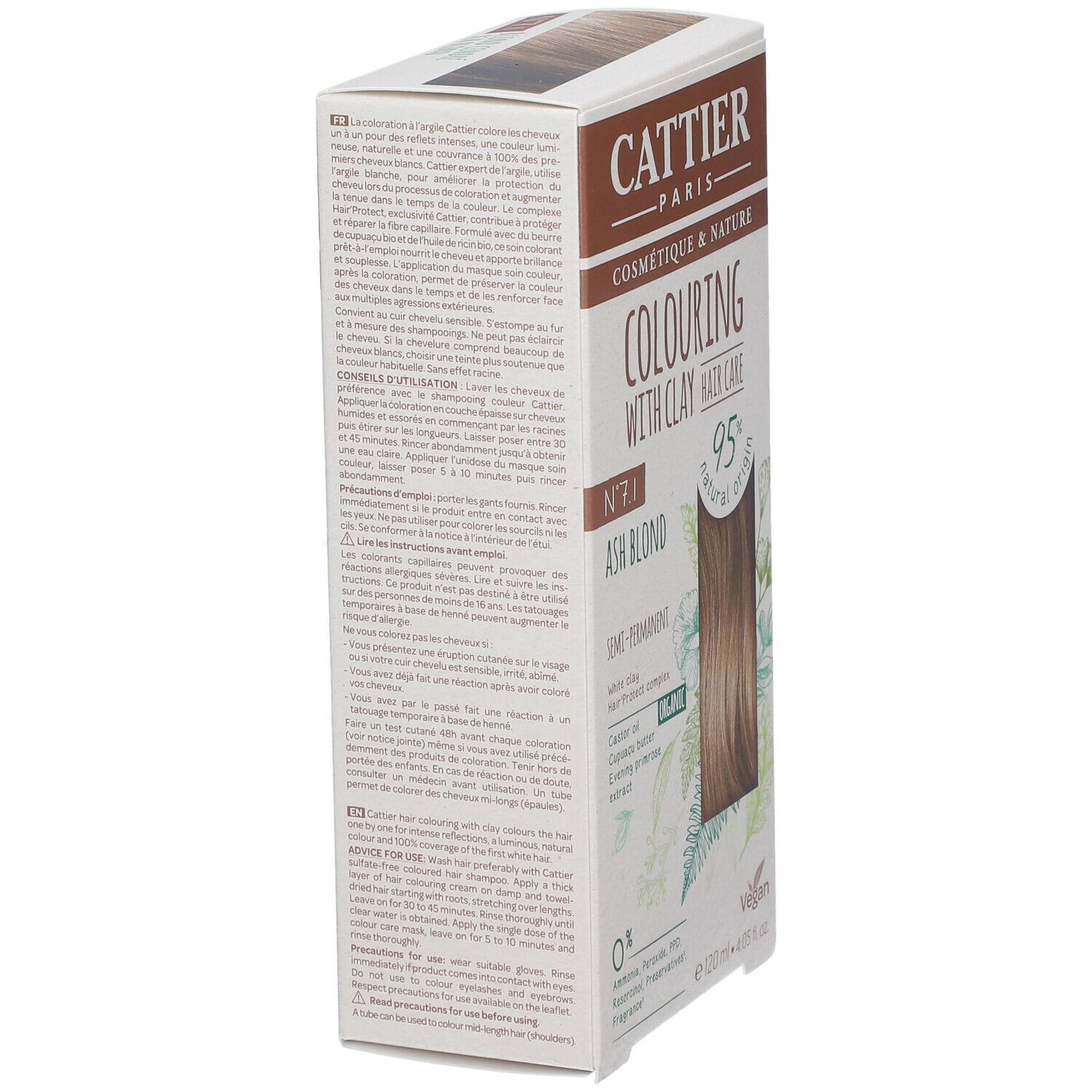 Vue latérale de la boîte de coloration capillaire CATTIER 7.1 Blond cendré. Texte : 'Colouring with clay hair care', '95% natural origin', 'Vegan'.