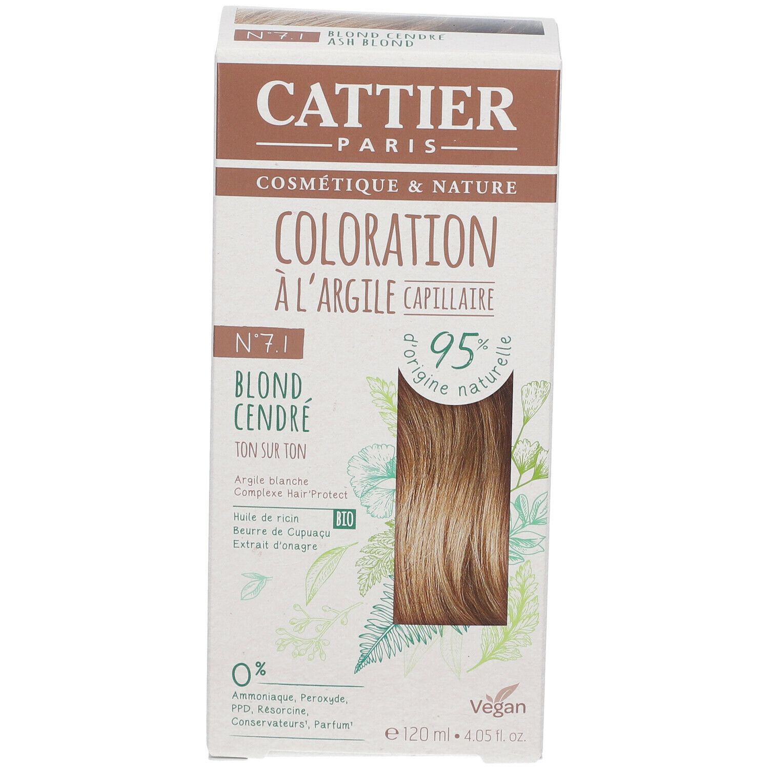 Boîte de coloration capillaire CATTIER 7.1 Blond cendré. Inscription : 'Coloration à l'argile capillaire', '95% d'origine naturelle', 'Vegan'.