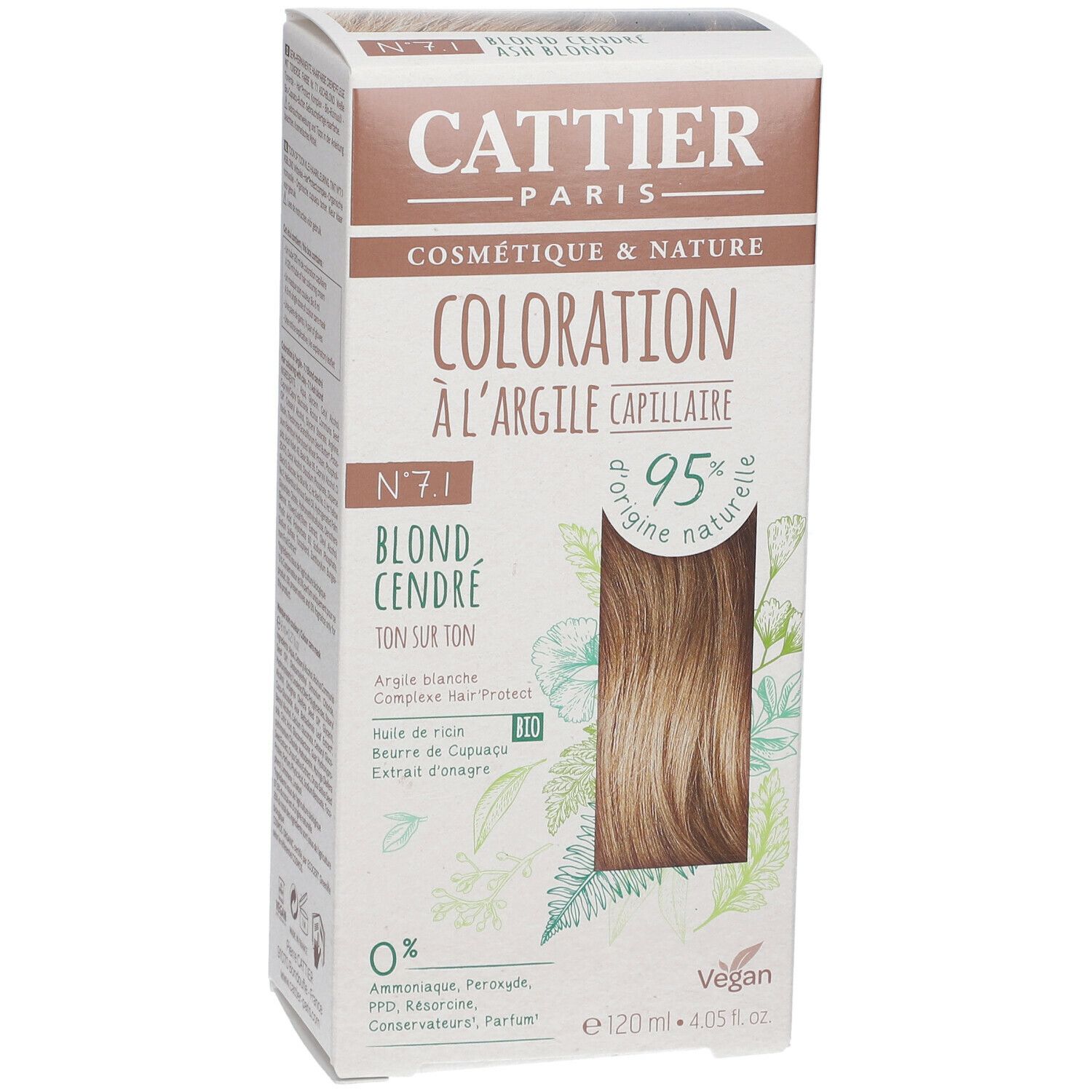 Boîte de coloration capillaire CATTIER 7.1 Blond cendré. Inscription : 'Coloration à l'argile capillaire', '95% d'origine naturelle', 'Vegan'.