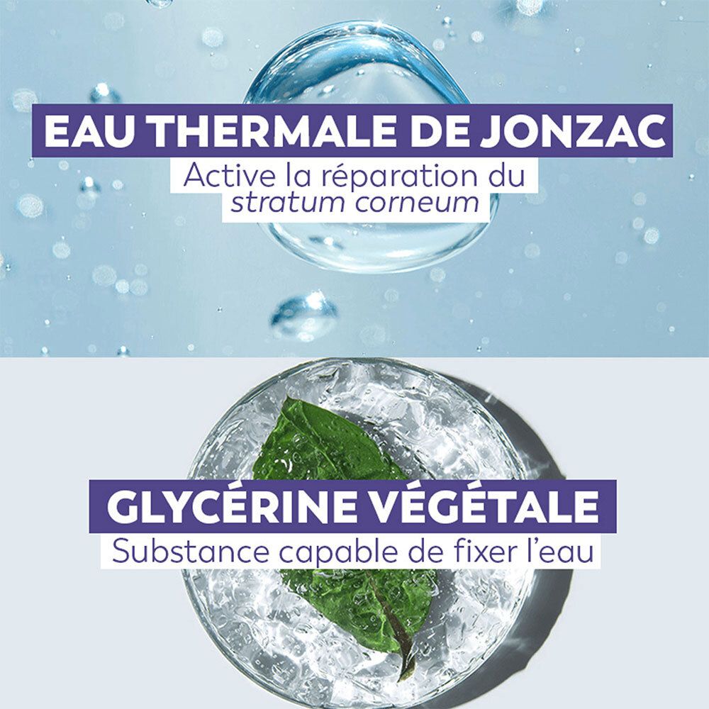 Deux récipients transparents avec eau et feuilles. Texte: Eau Thermale de Jonzac, Glycérine Végétale. Récipients sur fond bleu.