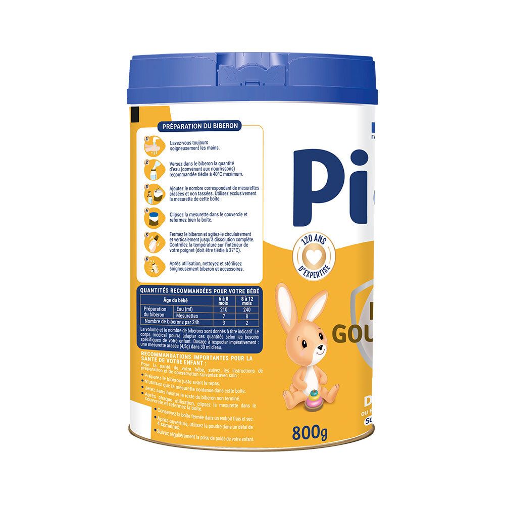 Dos de la boîte Picot Bébé Gourmand 2ème âge. Fond jaune, texte et illustrations.