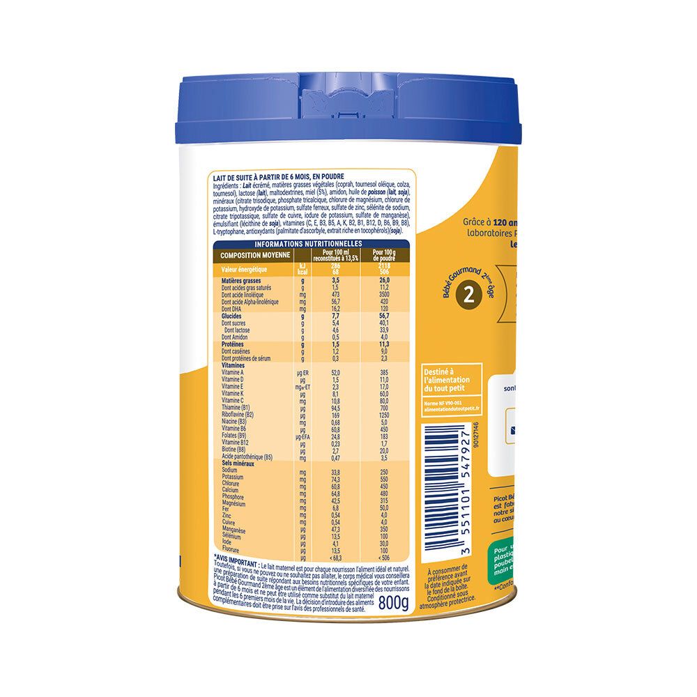 Dos de la boîte Picot Bébé Gourmand 2ème âge. Fond jaune, texte et informations nutritionnelles.