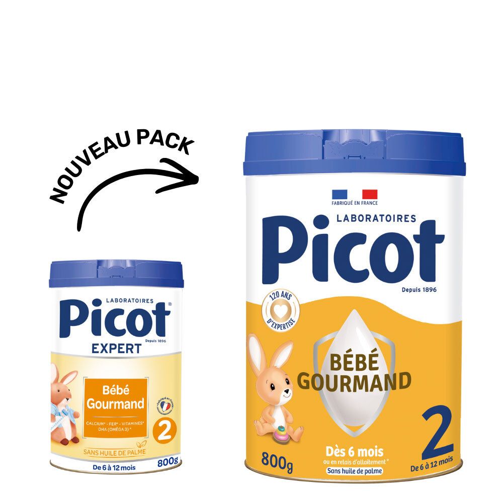 Comparaison : boîte Picot Bébé Gourmand 2ème âge et petite boîte. Logo et texte sur les deux.